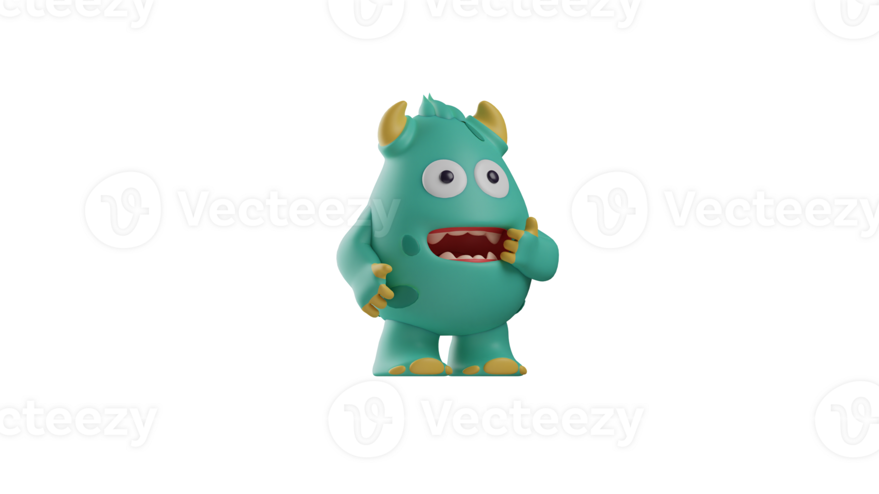 3D illustration. Cute Monster 3D Cartoon Character. The monster showed a confused expression. The monster widened its mouth with one hand. 3d cartoon character png