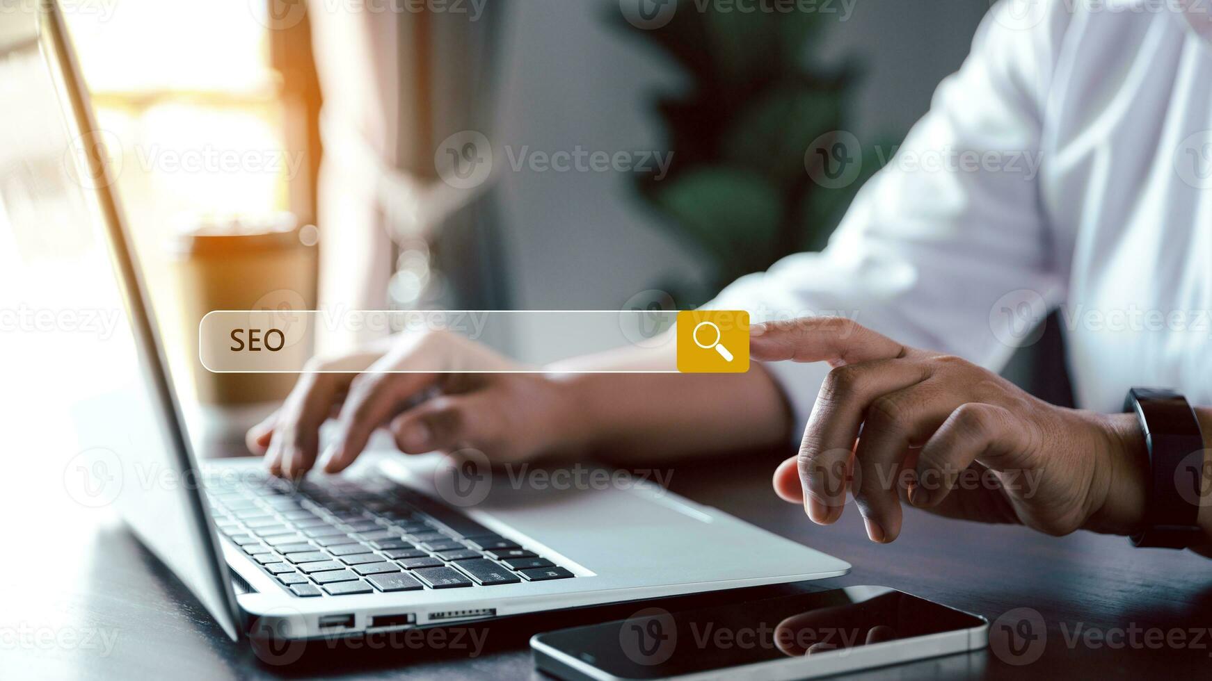 Searching information data on internet networking concept. Data Search Technology Search Engine Optimization. Women's hands are using a computer keyboard to Searching for information. photo