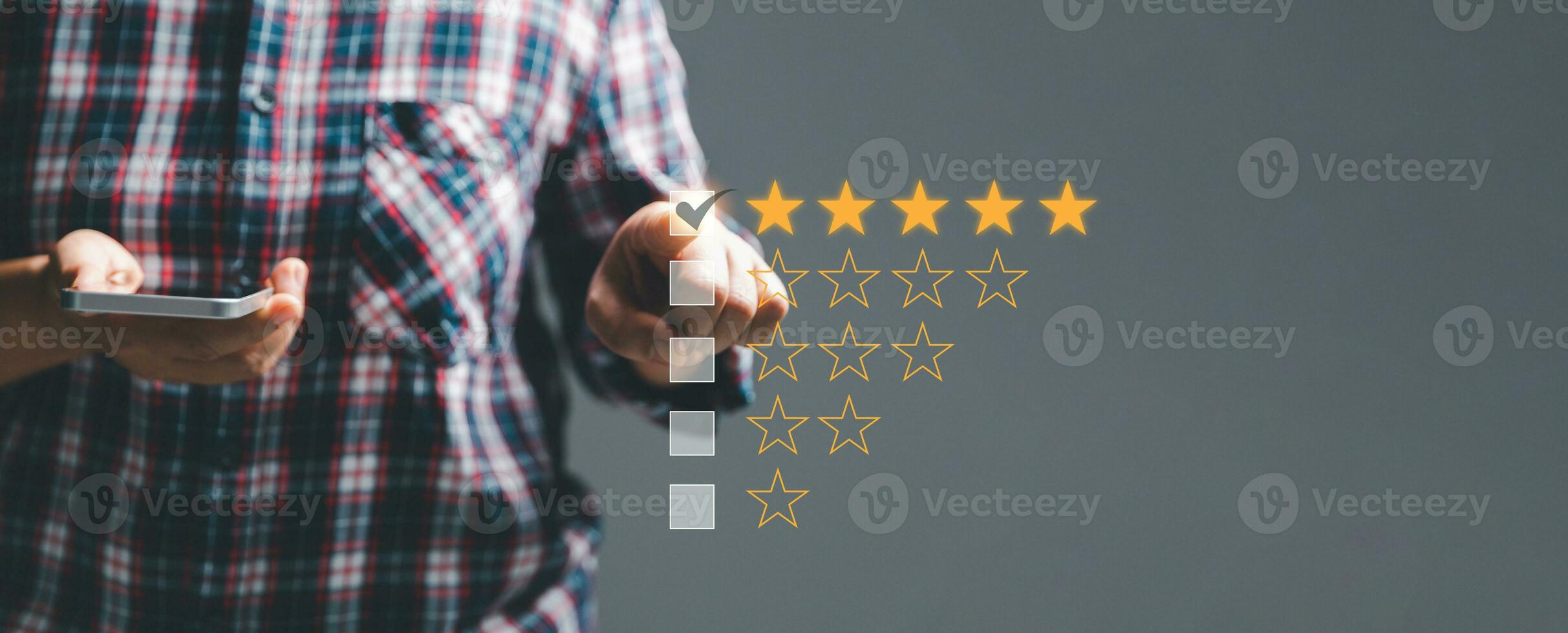 Customer experience with customer service and satisfaction concept. Woman finger touching on five star excellent rating on background, Banner with copy space, Customers show quality of services. photo