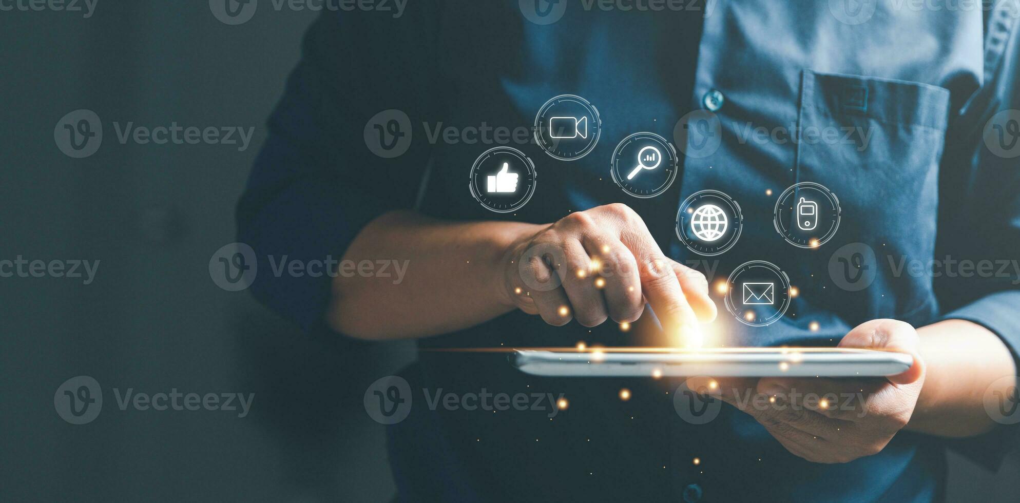 Businesswoman hand working on tablet and smart phone with virtual icon. Business internet connection application technology and digital marketing, Financial and banking, Digital link tech, big data. photo