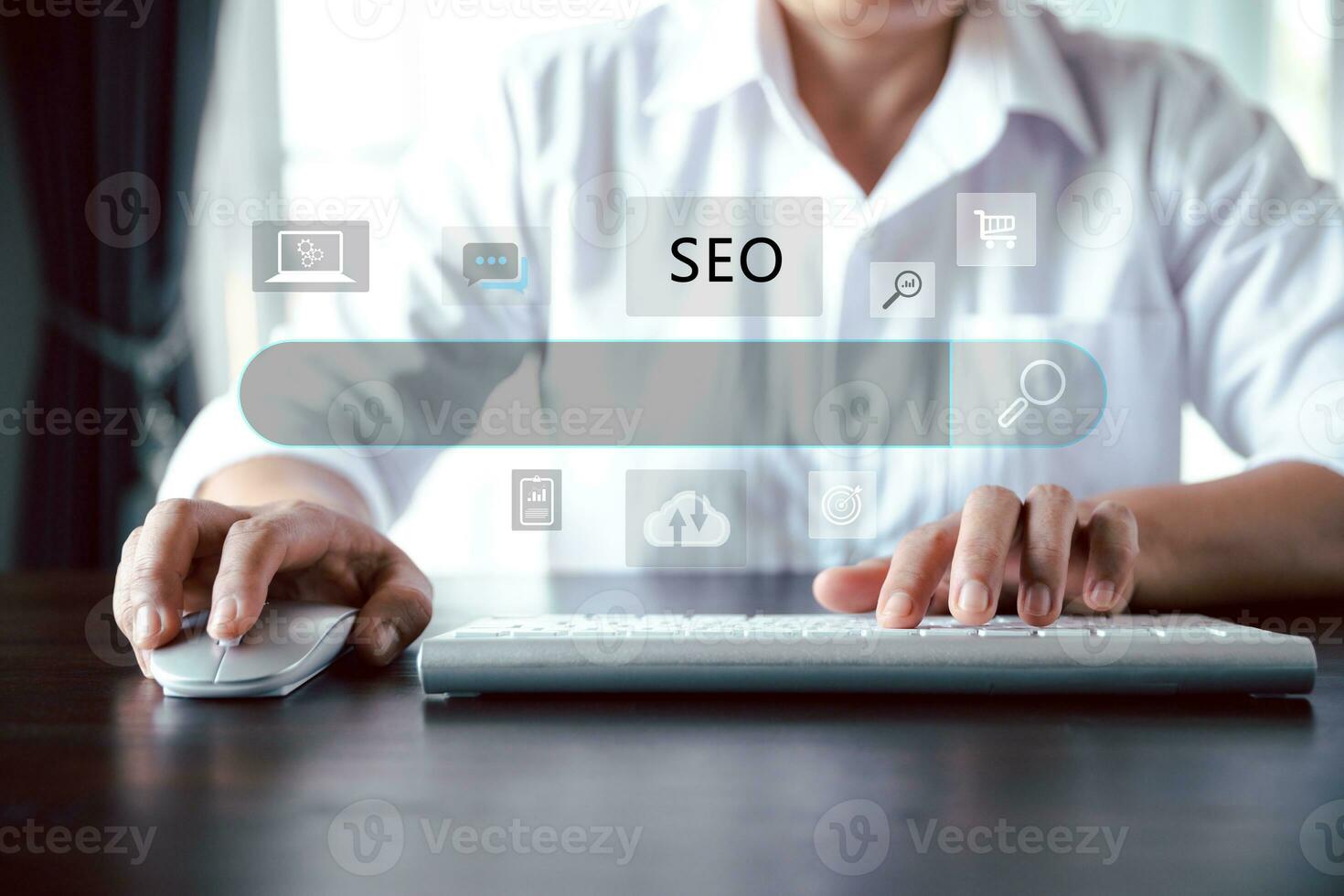 Searching information data on internet networking concept. Data Search Technology Search Engine Optimization. Women's hands are using a computer keyboard to Searching for information. photo