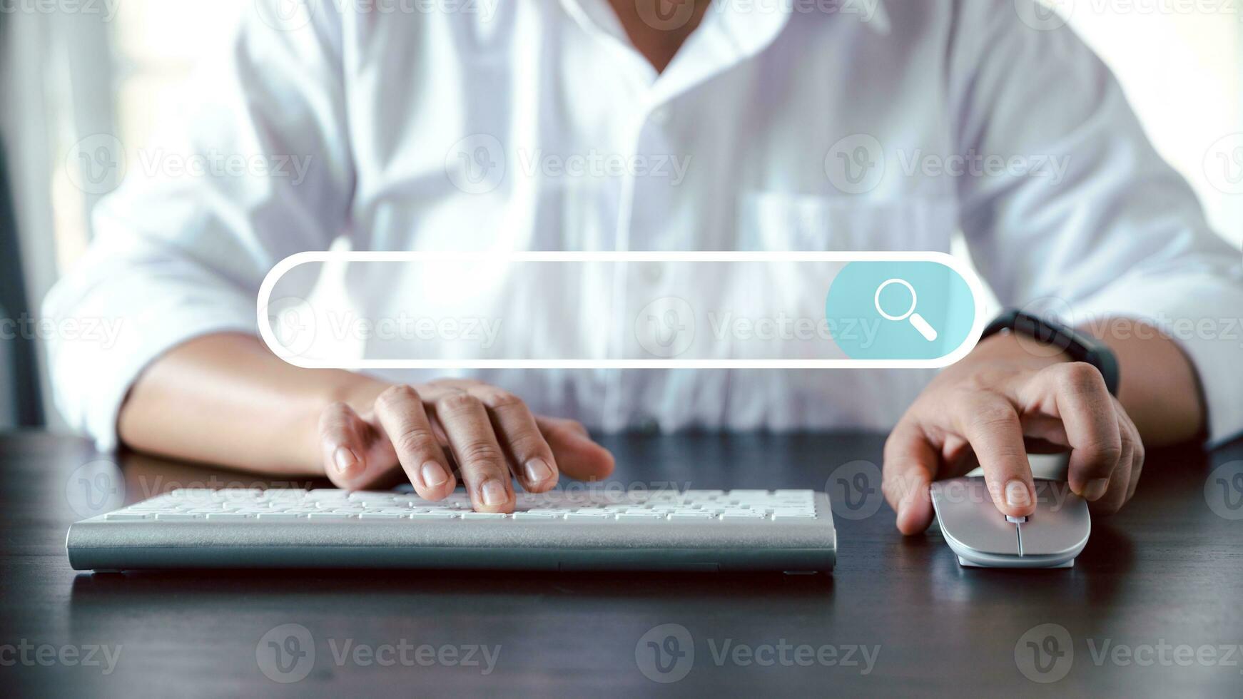 Searching information data on internet networking concept. Data Search Technology Search Engine Optimization. Women's hands are using a computer keyboard to Searching for information. photo