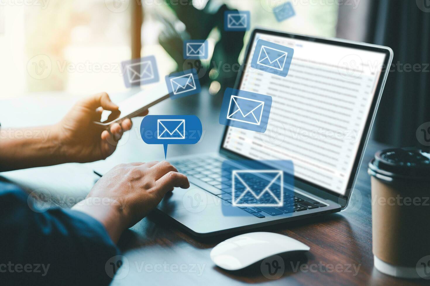 email marketing concept, receive new message, message online chat social text, female hand working with virtual postal envelopes sketch on blurred office background, customer support hotline people. photo