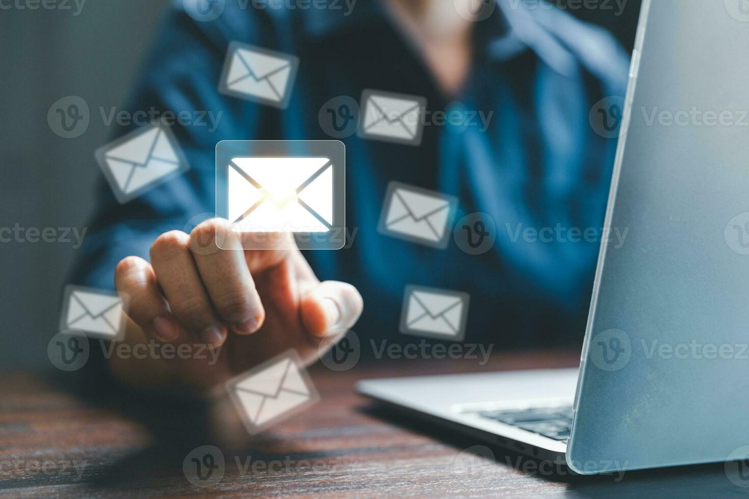 email marketing concept, receive new message, message online chat social text, female hand working with virtual postal envelopes sketch on blurred office background, customer support hotline people. photo