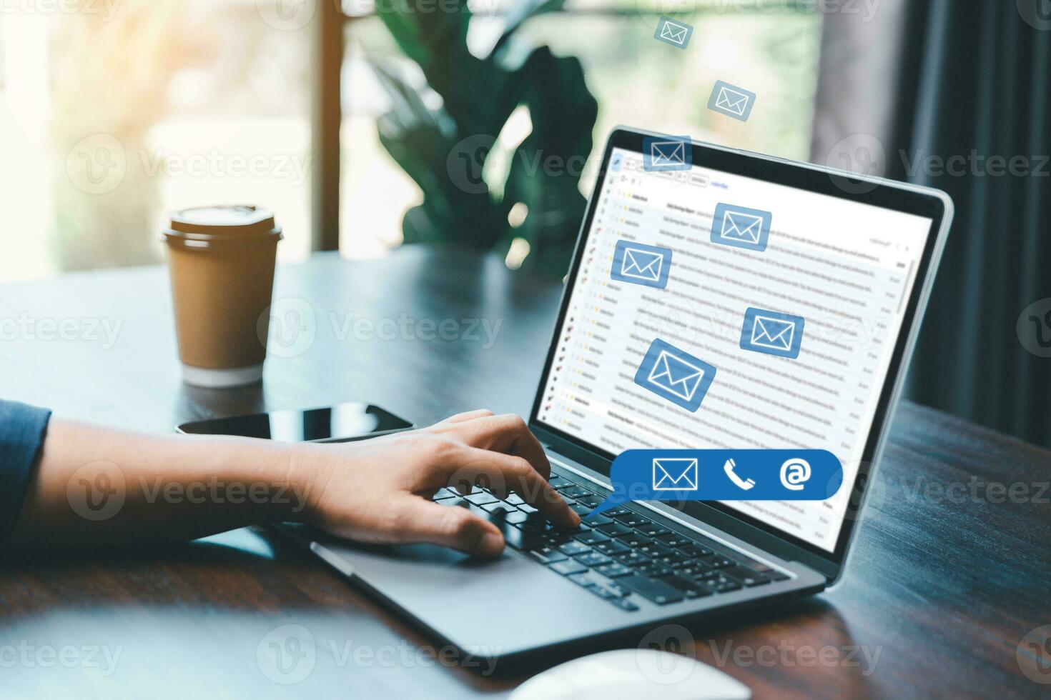 email marketing concept, receive new message, message online chat social text, female hand working with virtual postal envelopes sketch on blurred office background, customer support hotline people. photo