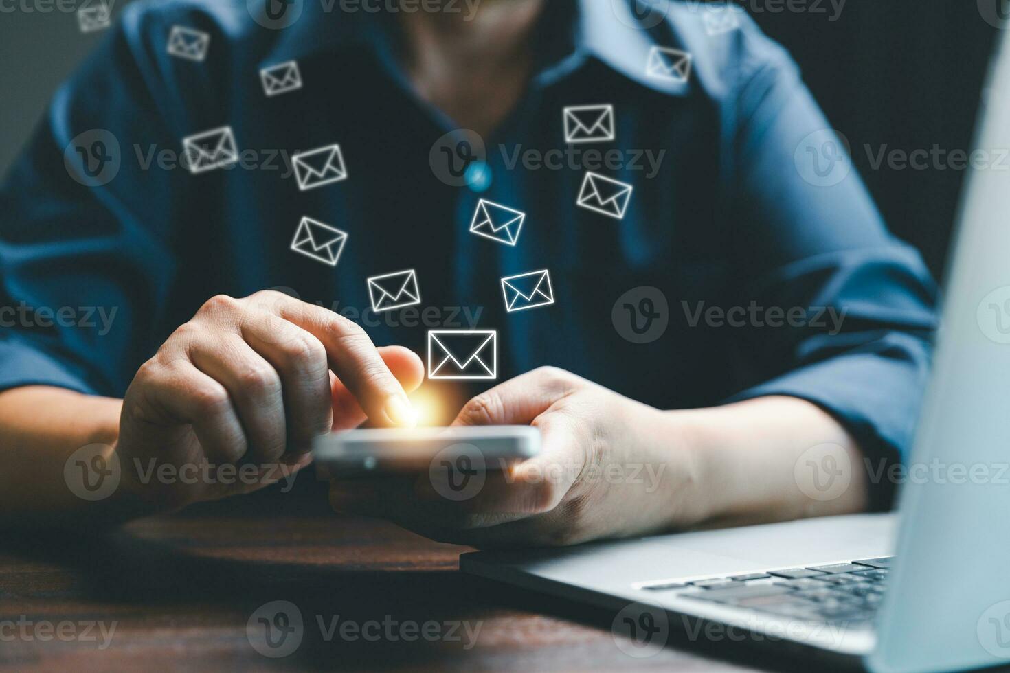 email marketing concept, receive new message, message online chat social text, female hand working with virtual postal envelopes sketch on blurred office background, customer support hotline people. photo