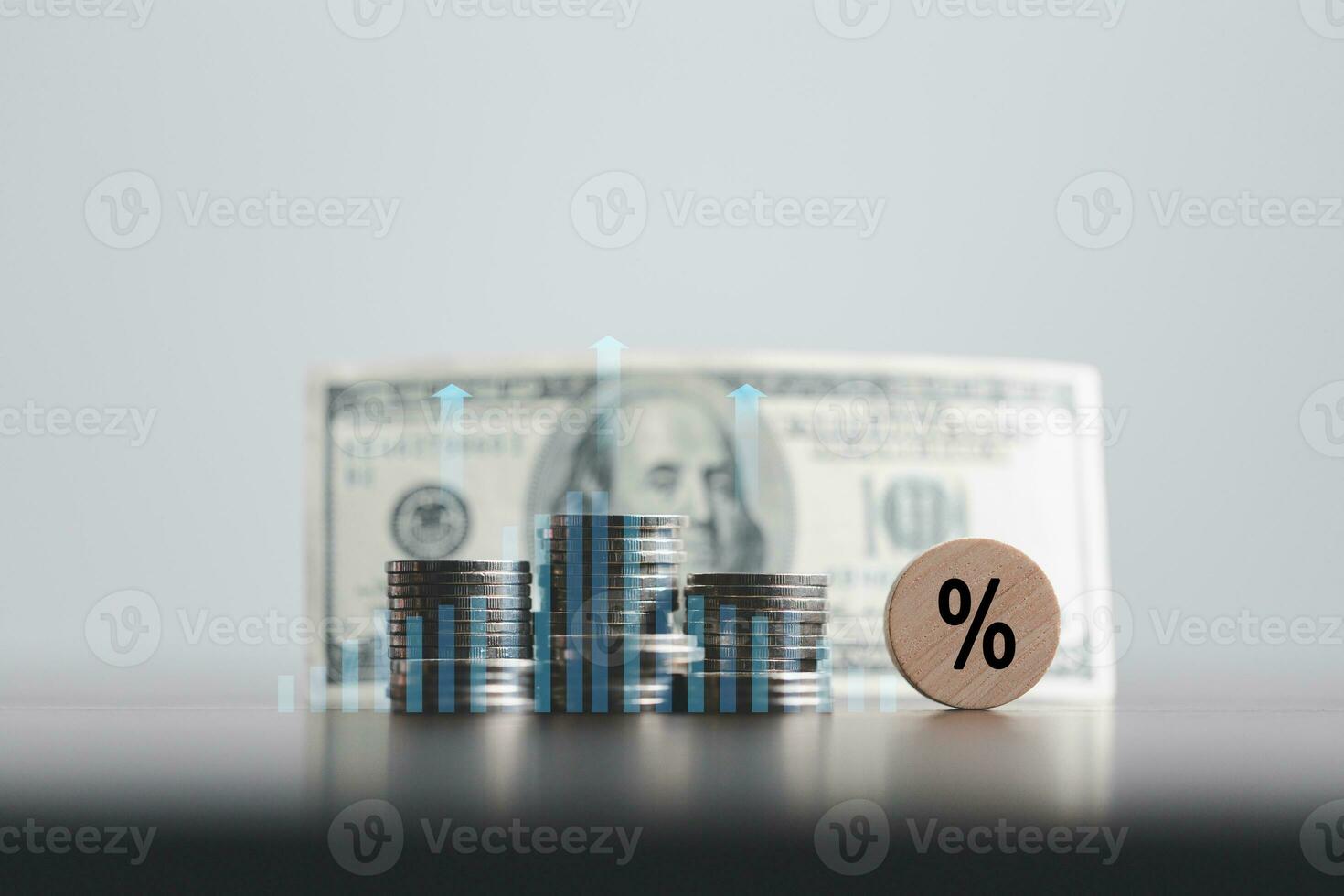 Stacked coins on wooden table with illustration shows increasing of interest rates, financial concept. Interest rate financial and mortgage rates. Icon percentage symbol and arrow pointing up. photo