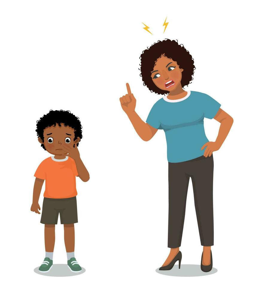 Angry African mother scolding her little son for bad behavior vector
