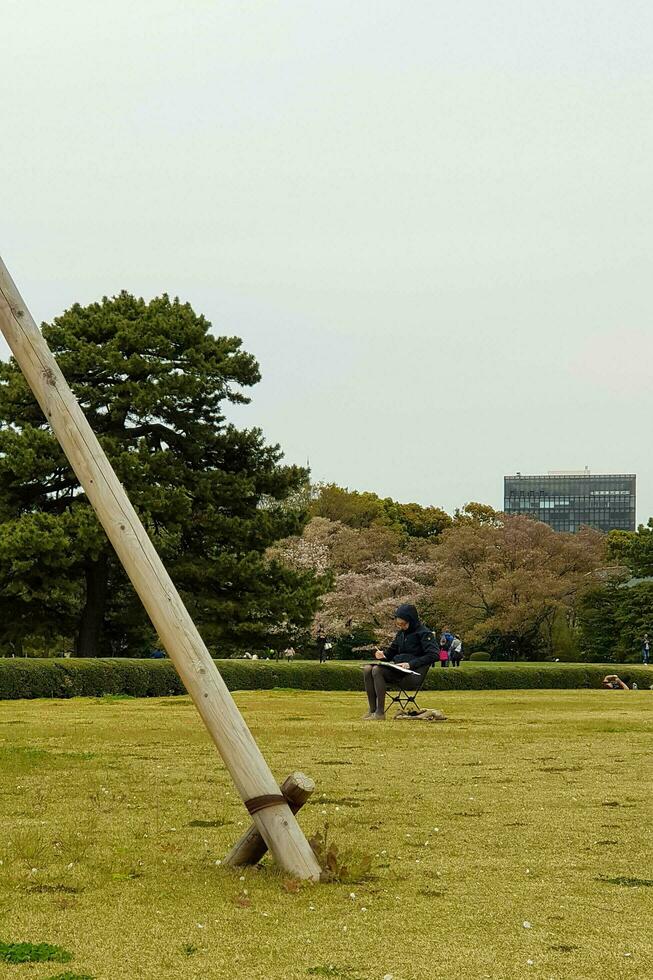 Tokyo, Japan in April 2019. A woman who is a painter is painting in a park in Tokyo, photo