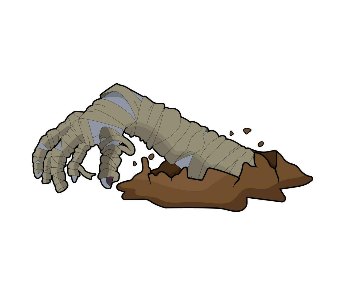 Mummy hand coming out of his grave. Halloween background. Zombie hand vector. Halloween sticker vector