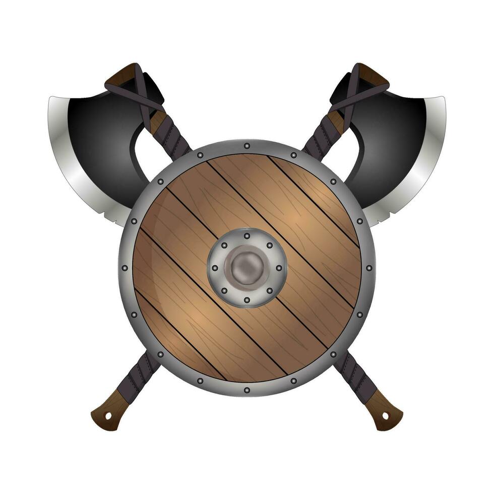 Shield and axe emblem vector. Medieval war equipment and weapons symbol isolated on white vector