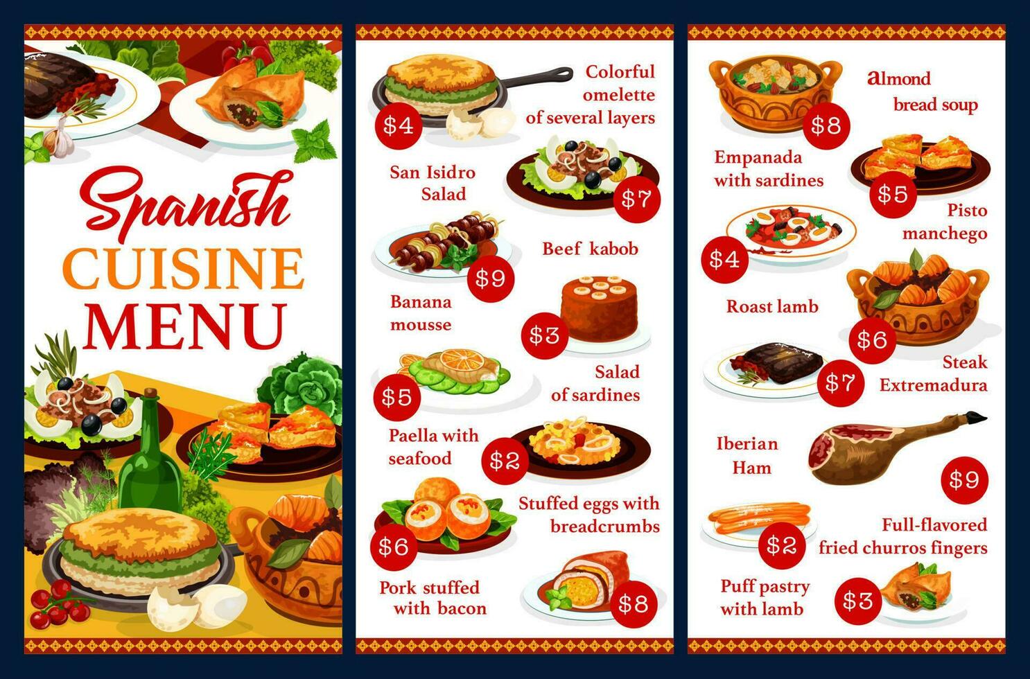 Spanish cuisine restaurant menu dishes vector