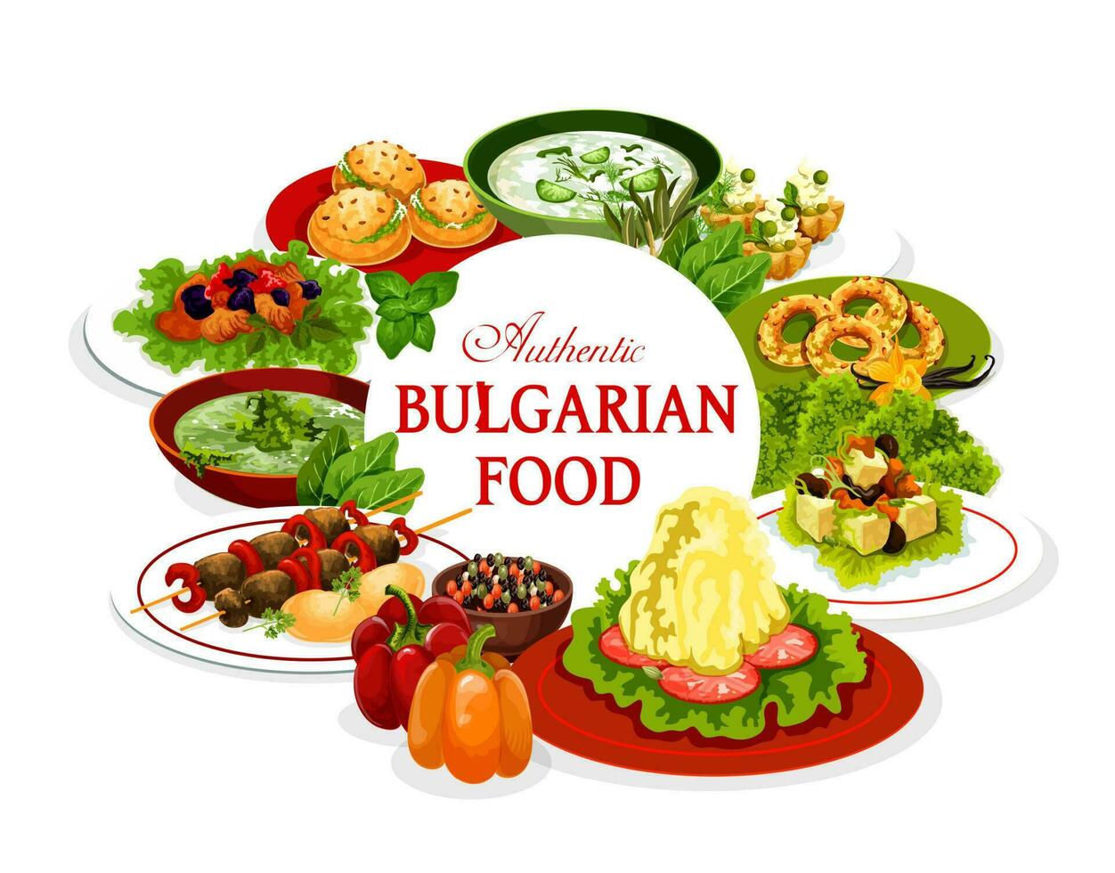 Bulgarian food, meal of vegetable and meat dishes vector