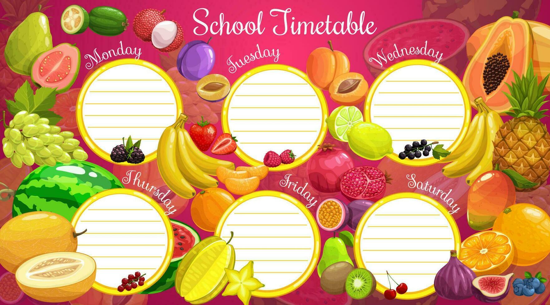 School timetable or planner, exotic fruits vector