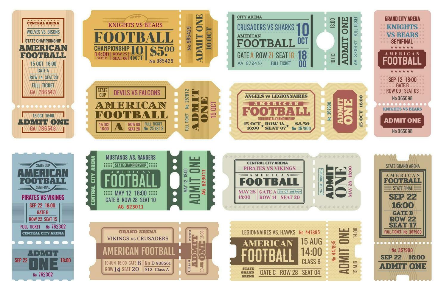 American football tickets vector set
