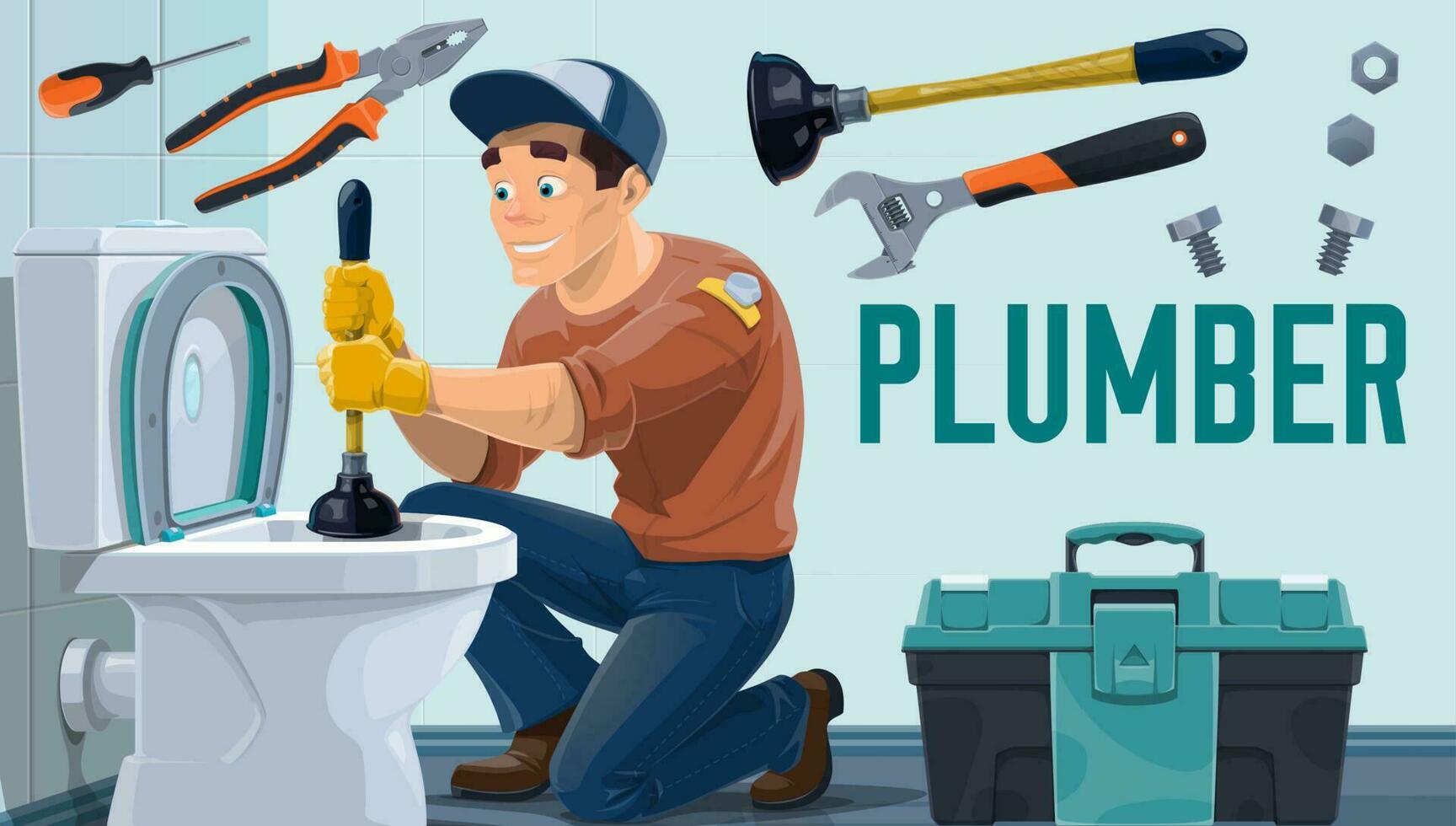 Plumber worker, toilet repair, water plumbing vector