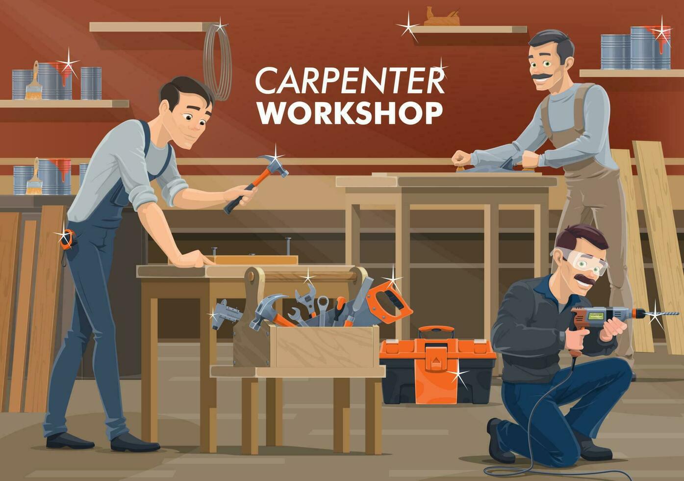 Carpenter and woodworker workers, wood works vector