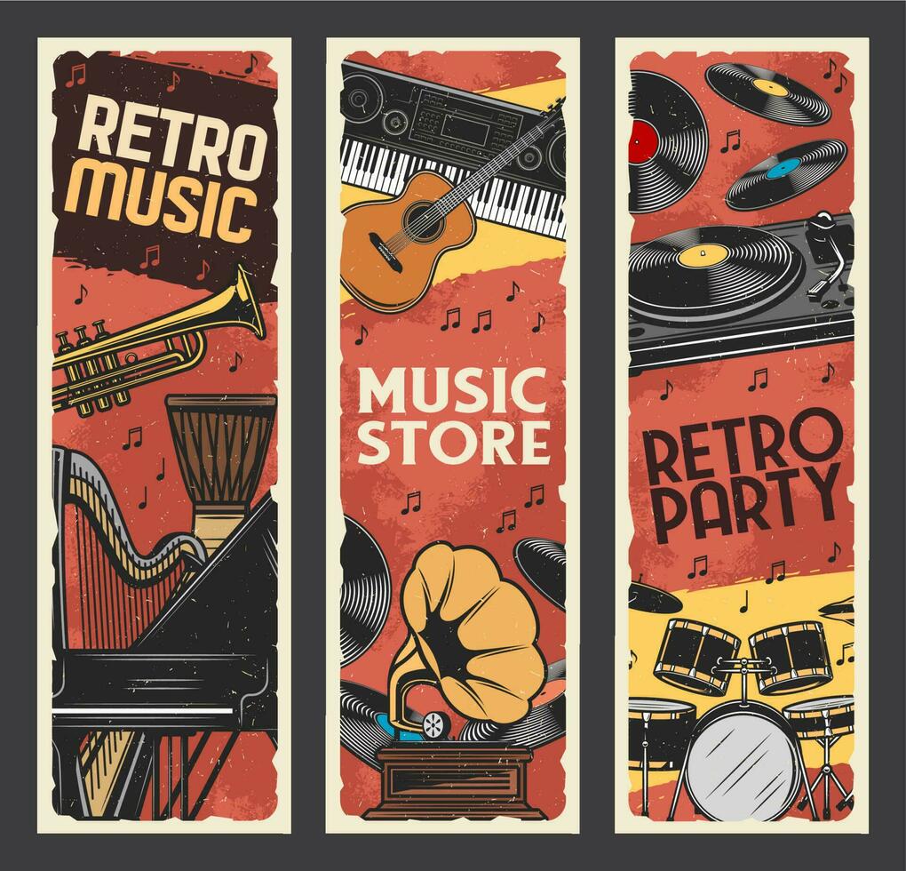 Music instruments retro banners, music store vector