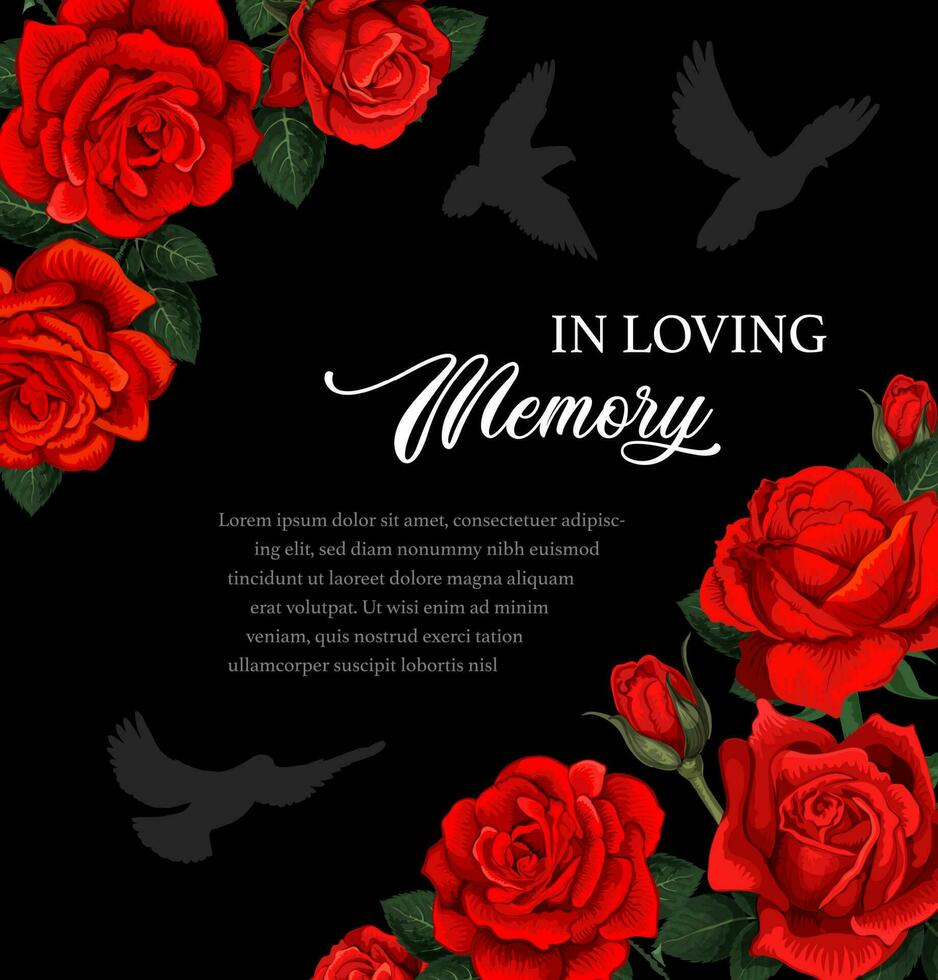funeral vector tarjeta, rojo Rosa flores y palomas