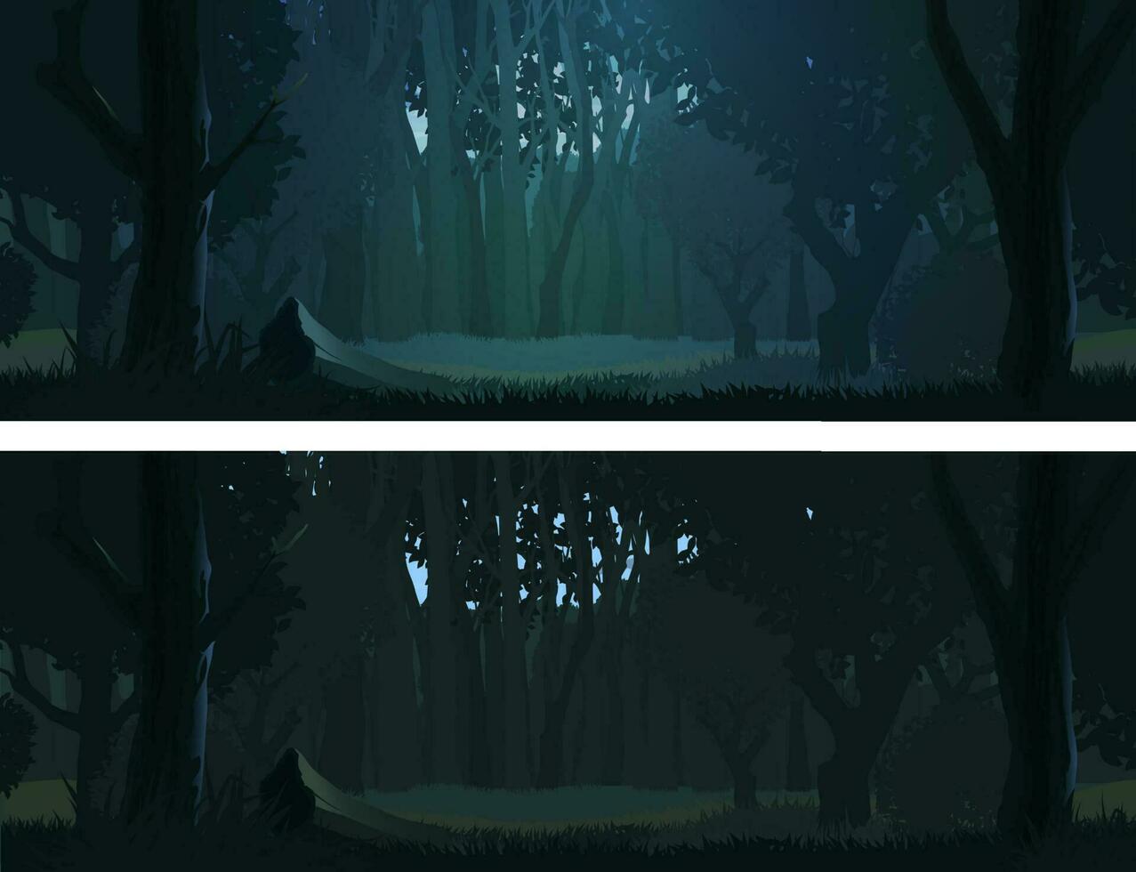 oscuro bosque paisaje, noche y noche ver vector