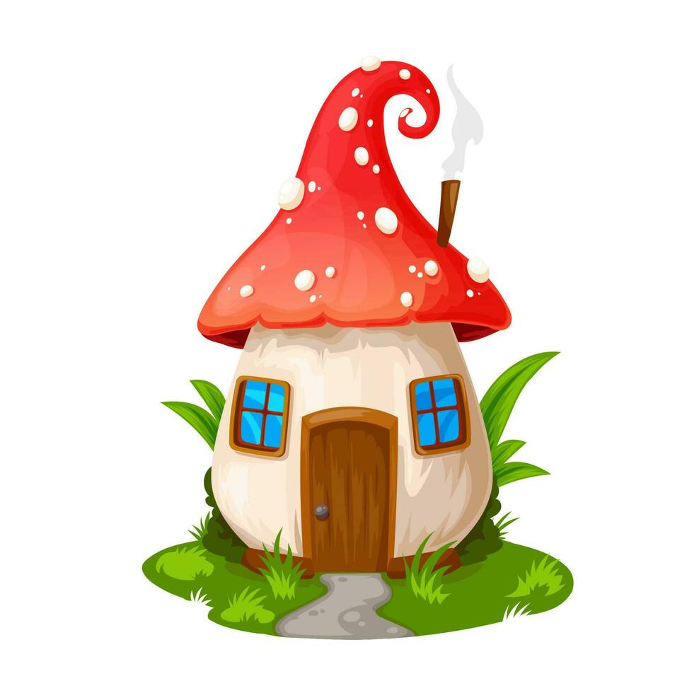 Fairy mushroom house gnome dwelling on green field vector