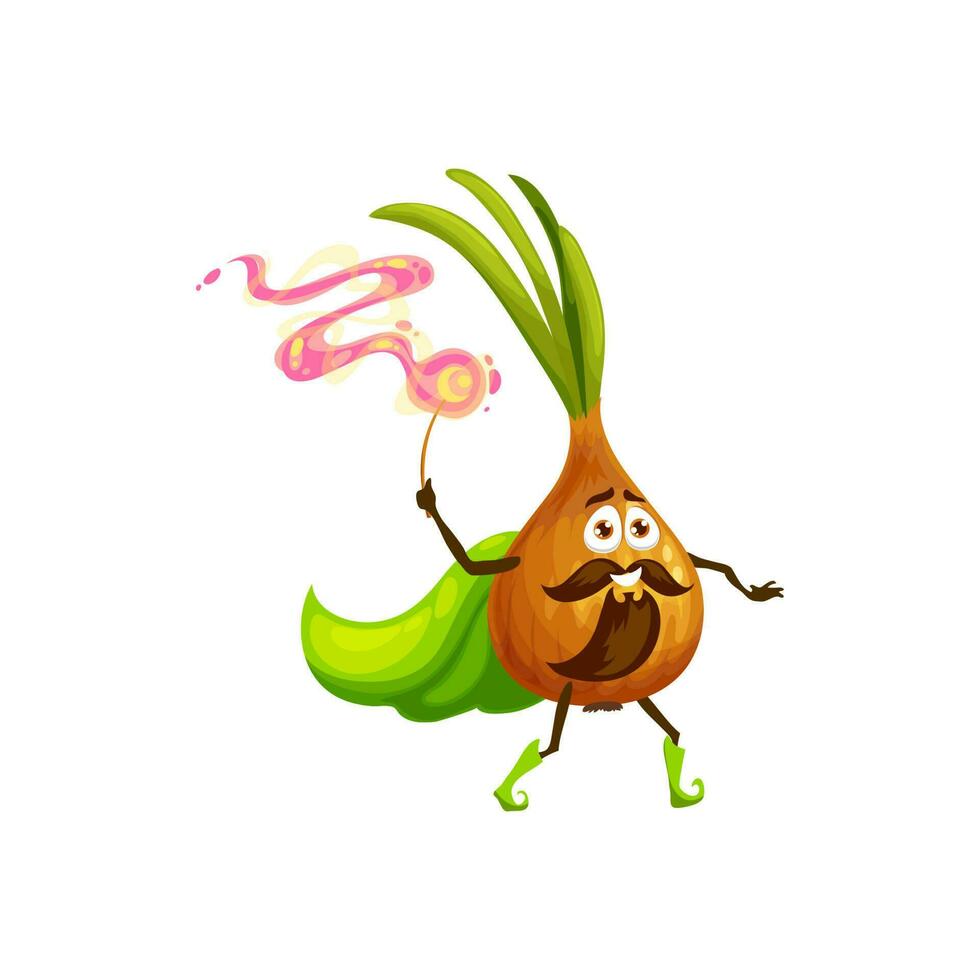 Magic vegetable onion wizard cartoon character vector