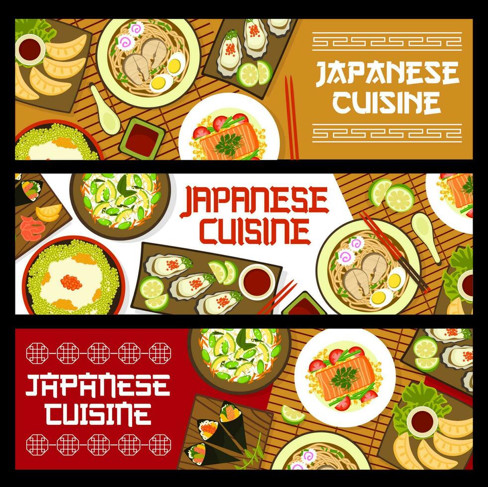 japonés comida cocina pancartas, platos, comidas menú vector