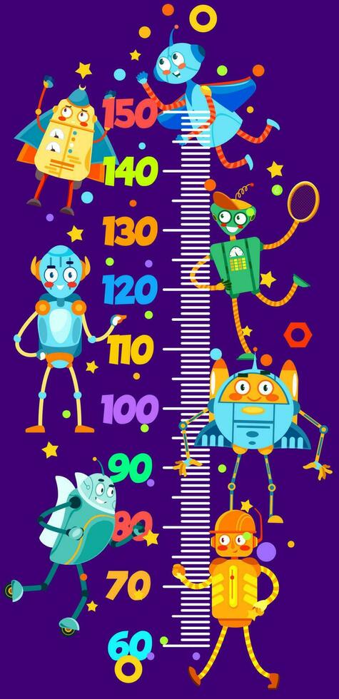 Kids height chart, cartoon funny robots characters vector