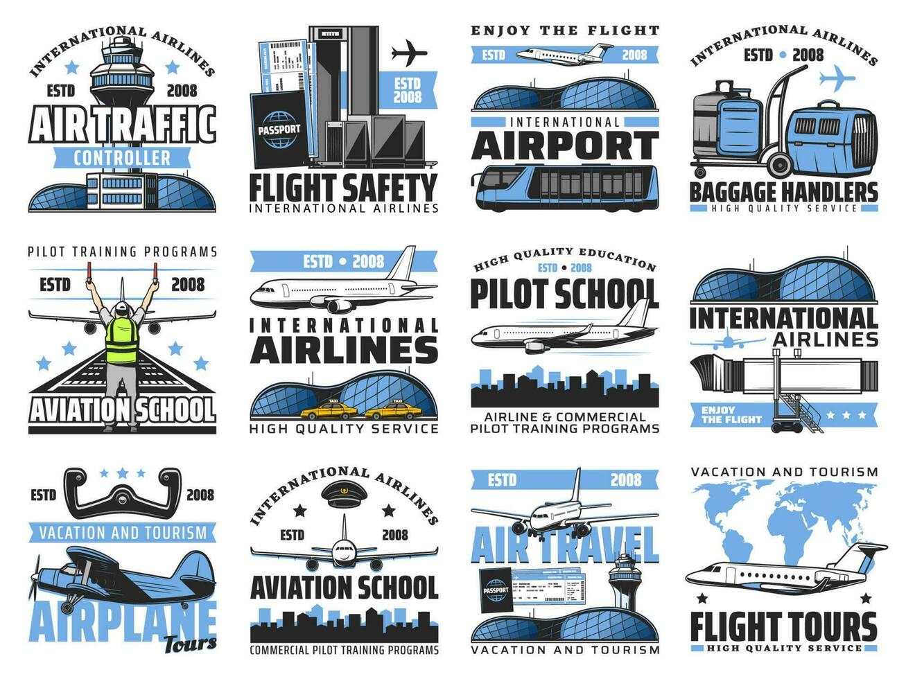 iconos de vector de servicio de vuelo de aeropuerto y aviación