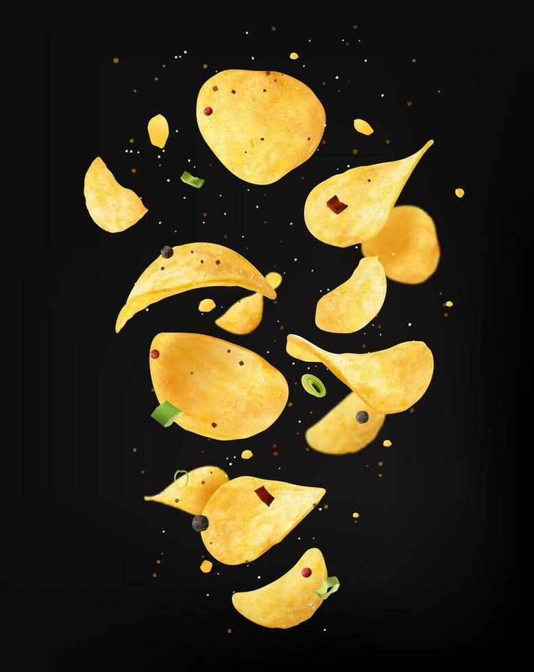 Falling crispy wavy potato chips with onion spices vector