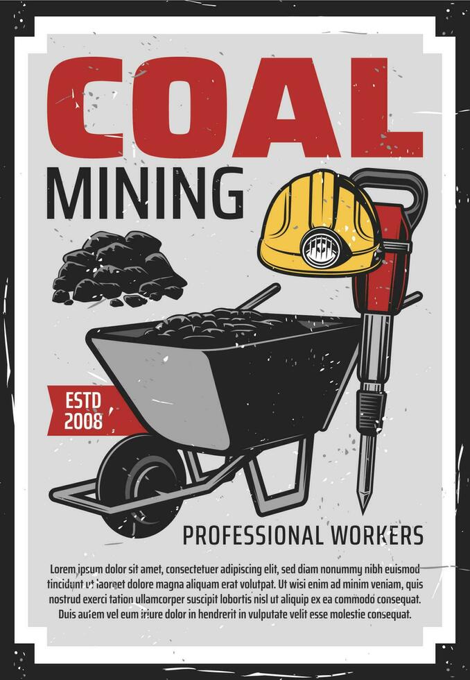 Coal mining, mine worker excavation equipment vector