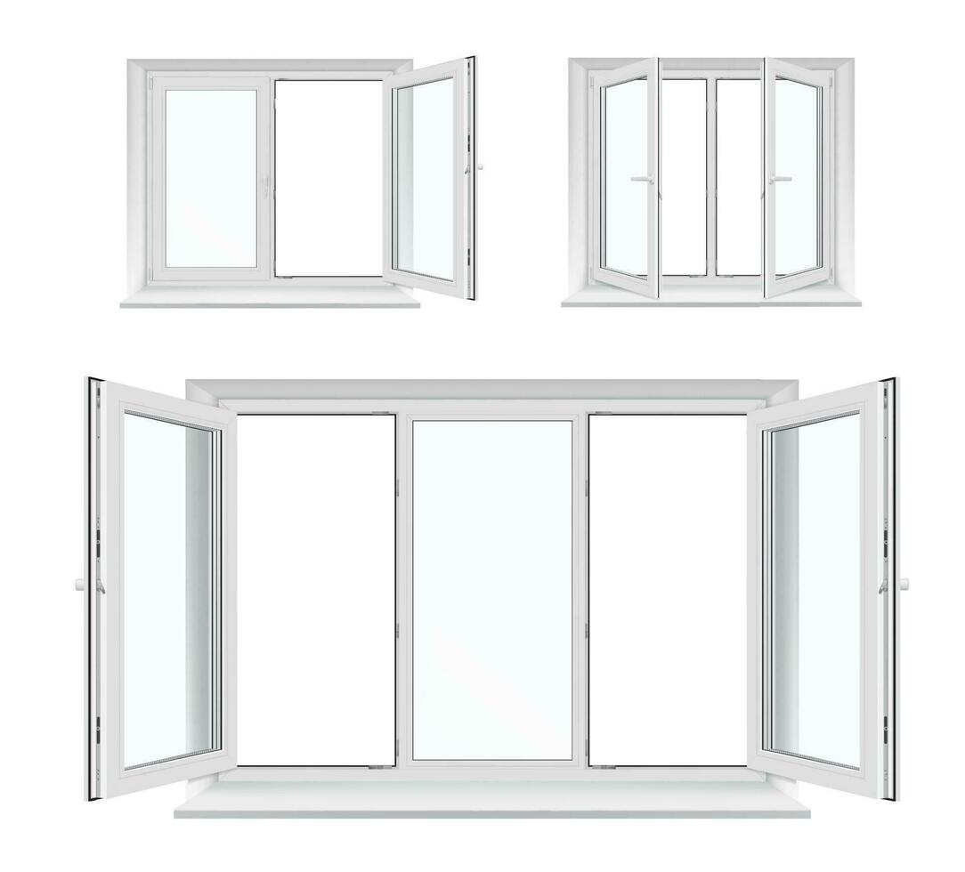 Opened windows of white plastic frames and sills vector