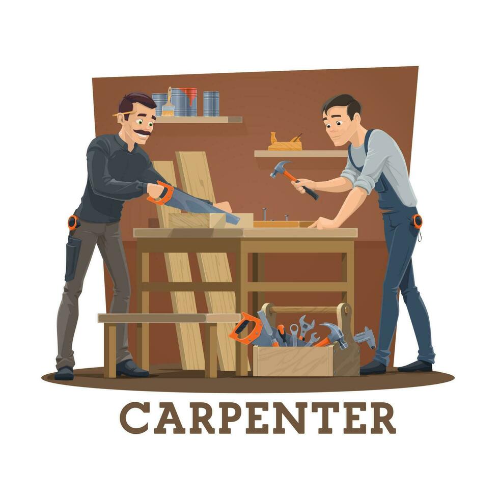 Carpenters at workshop with carpentry tools vector
