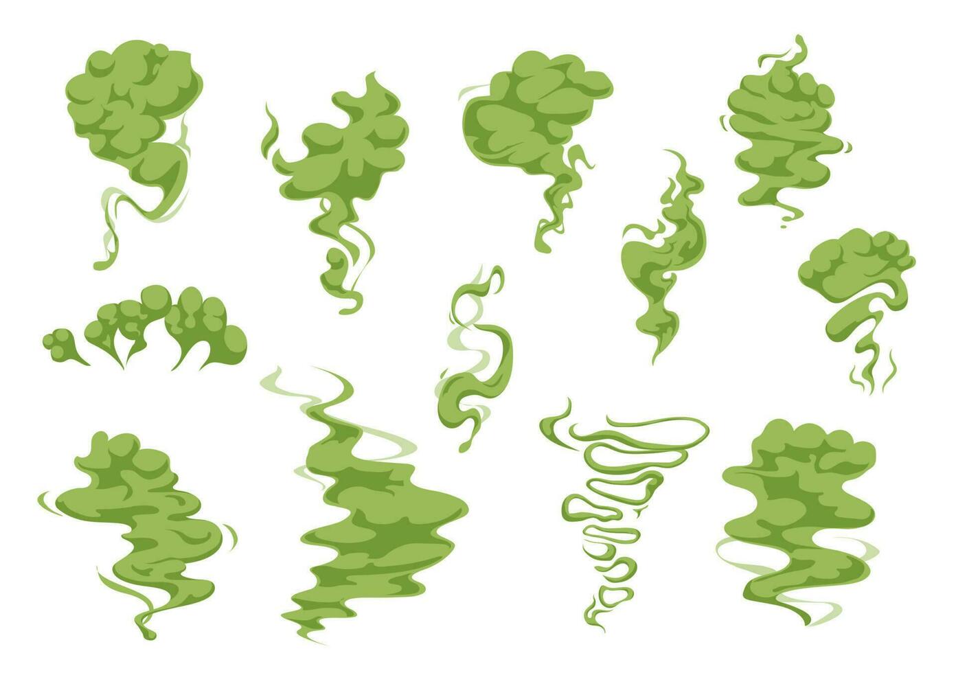 Cartoon green bad smell, stinky smoke clouds set vector