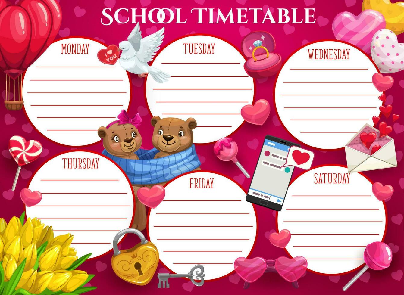 Saint Valentine holiday school timetable template vector