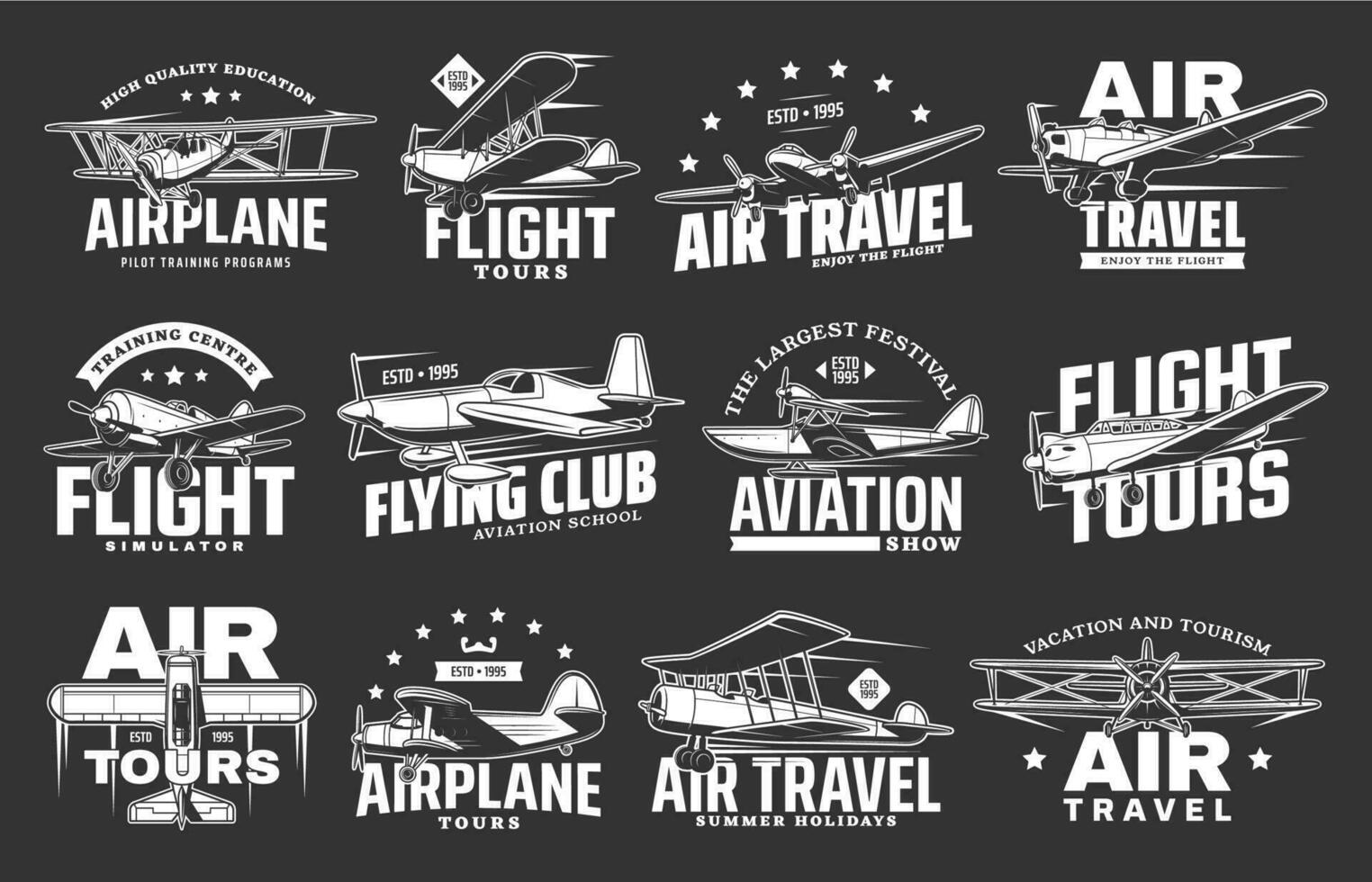 Aviation icons of airlines plane tours, air travel vector