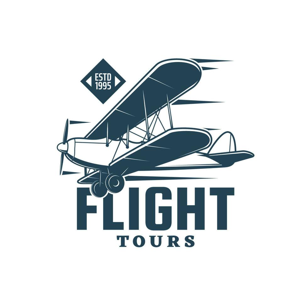 Flight tours icon, vintage biplane or plane vector