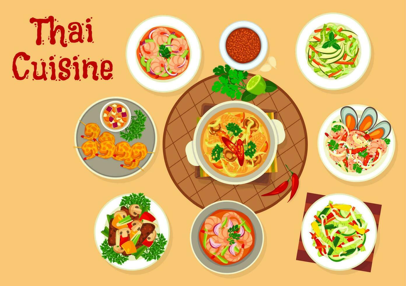 tailandés cocina alimento, asiático ensaladas, sopas y estofado vector