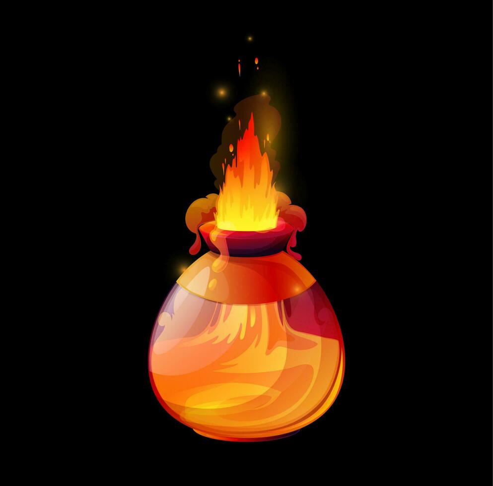 Potion bottle with fire flames, game interface vector