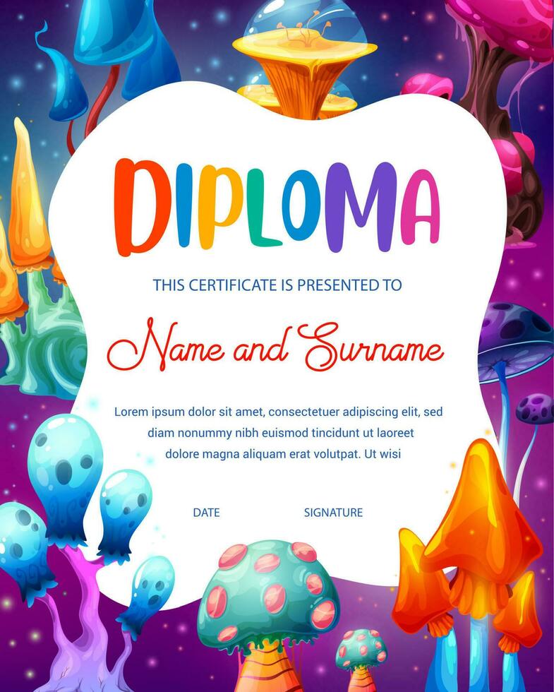 Kids diploma with fantasy magic mushrooms vector