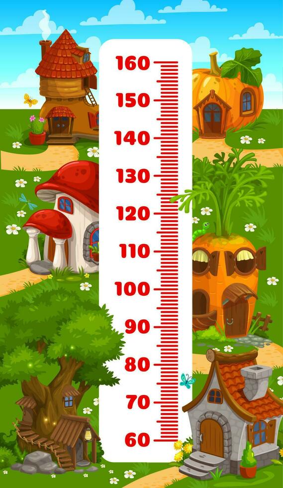 Kids height chart ruler cartoon gnome, elf houses vector