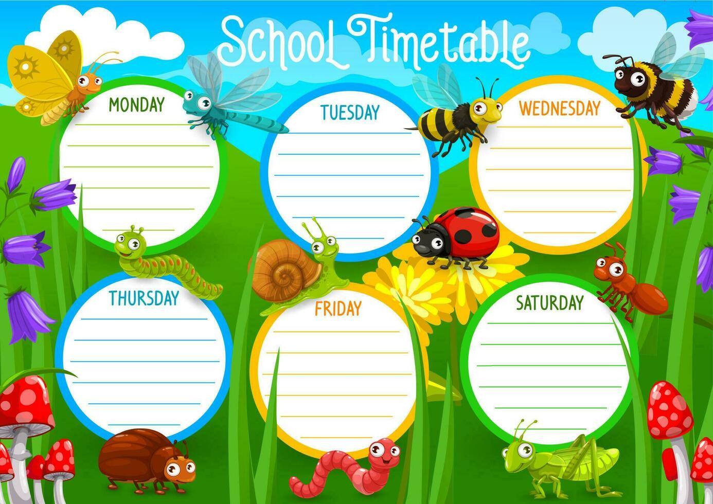 School timetable, planner with insects characters vector