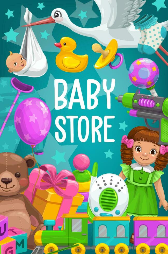 Kid toys shop. Baby games store bear, doll vector