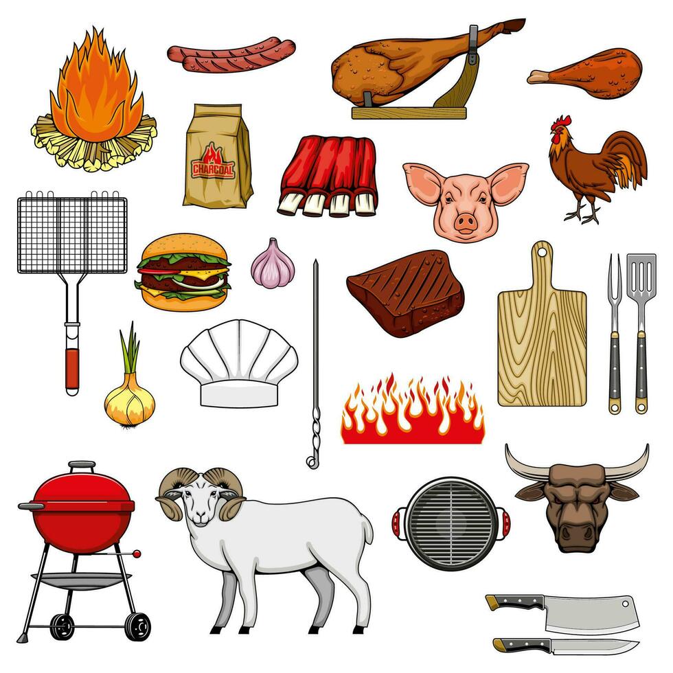 Barbecue grill picnic burger, sausage, meat icons vector