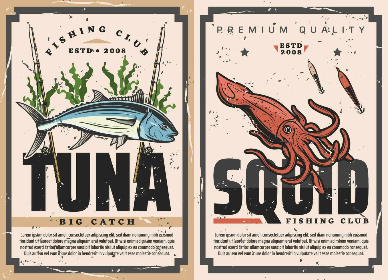 Fish and seafood fishing sport with tuna and squid vector