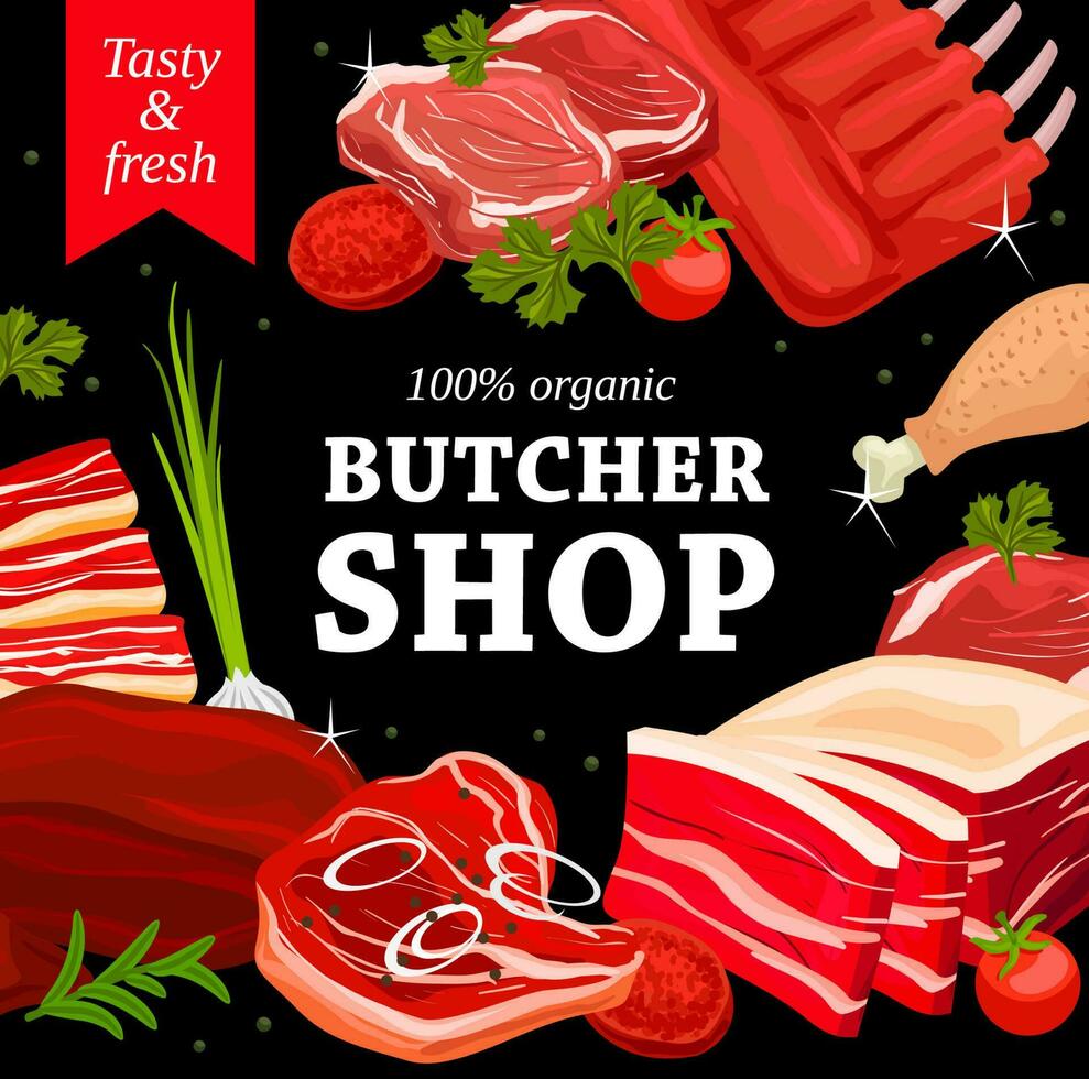 Meat, butchery shop pork and beef steak food vector