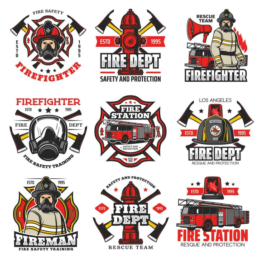 Firefighting icons, fire department retro badges vector
