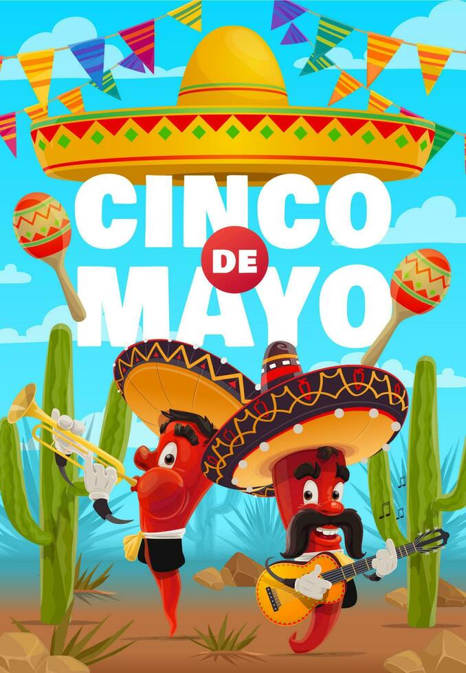 Cinco de Mayo vector poster, cartoon mariachi band