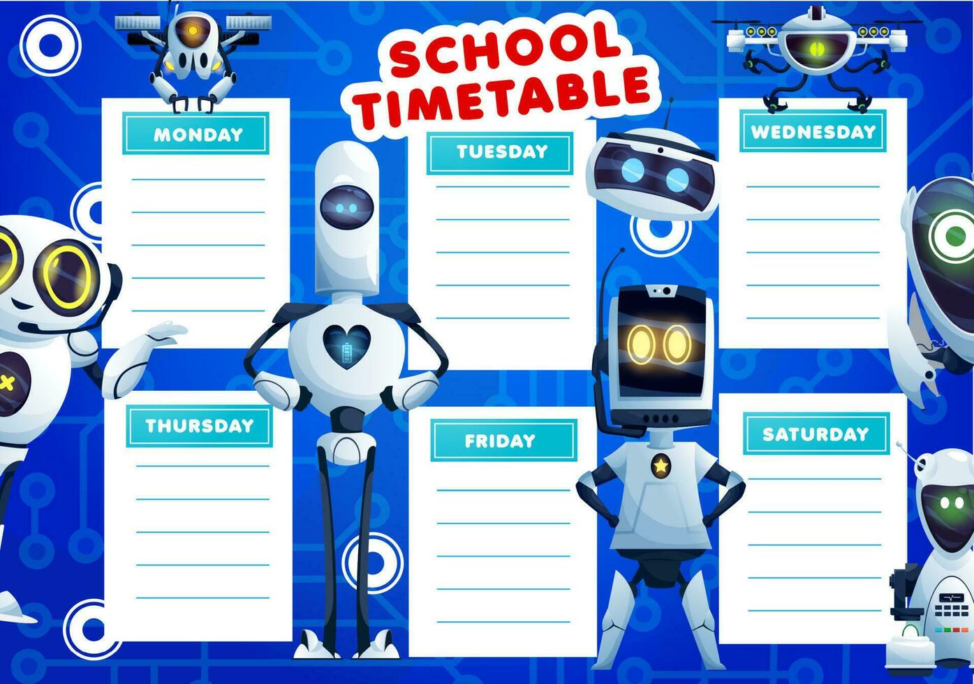 Kids timetable schedule with cartoon robots vector
