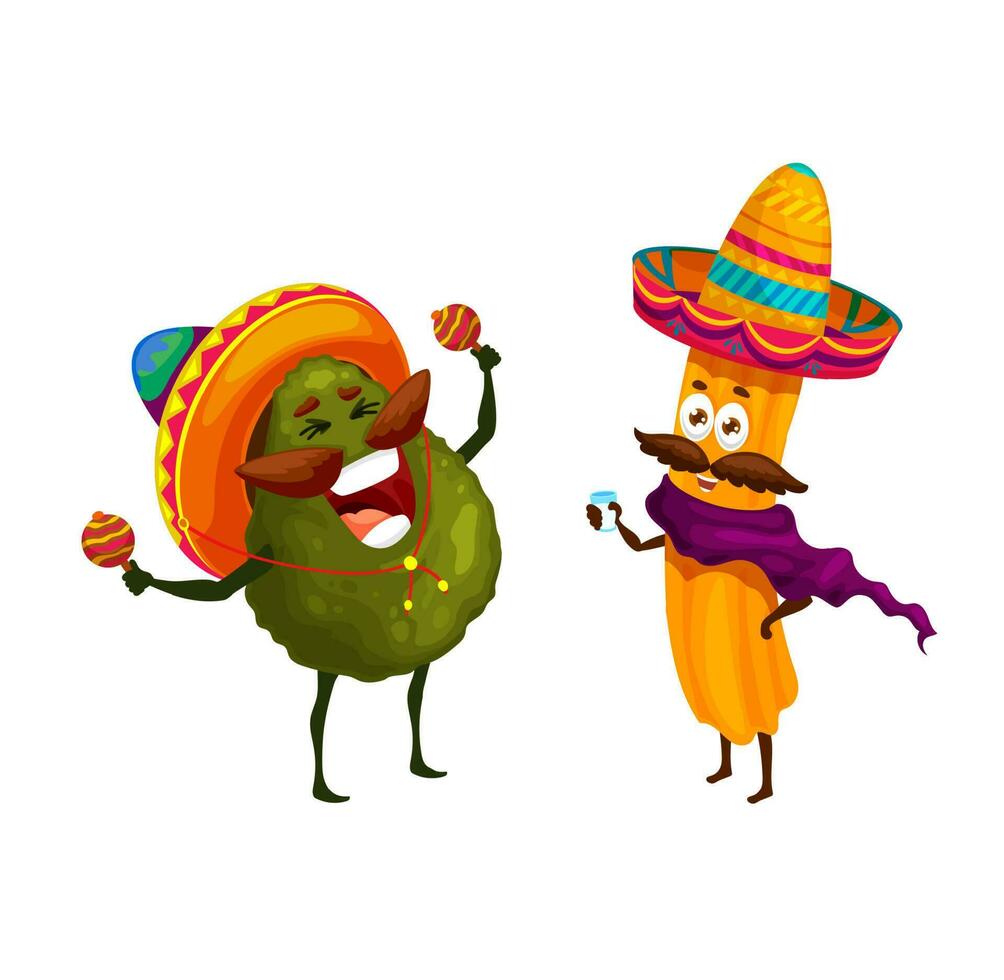 Cartoon mexican churros, avocado happy characters vector